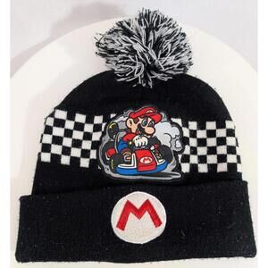 Nintendo Super Mario Kart Boys Beanie Hat Pom Black Checkered Knit Winter 2021